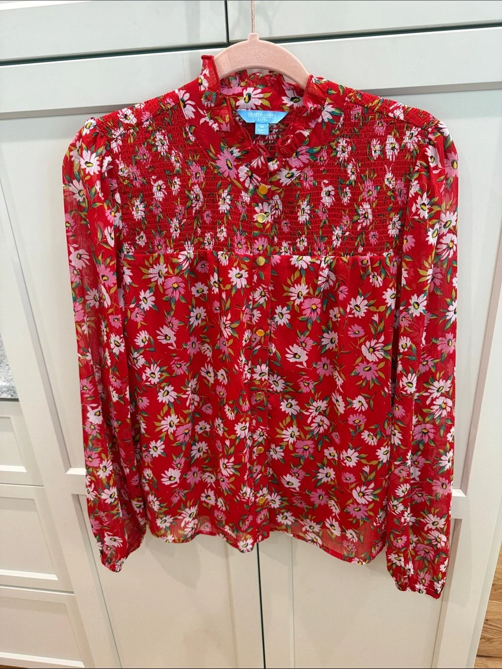 Draper James Red Floral Smocked-Yoke Button Blouse